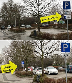 Parkplatz an der Frauenstraße, Richtung Verbundschule, Bild oben: 2024, Bild unten: Dez. 2025 mit nach hinten versetztem Schild (Begrenzung auf 3 Stunden Parkdauer) Parkplatz an der Frauenstraße, Richtung Verbundschule, Bild oben: 2024, Bild unten: Dez. 2025 mit nach hinten versetztem Schild (Begrenzung auf 3 Stunden Parkdauer)